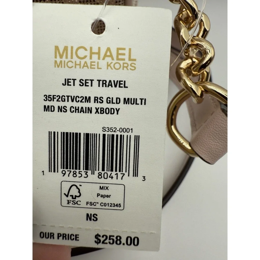 Michael‎ Kors Jet Set Travel Crossbody Women NS Rose Gold Multi Chain Monogram